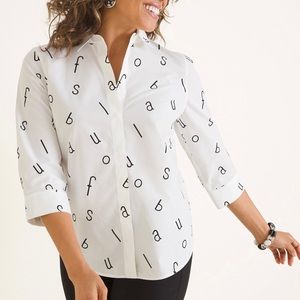 Chico’s Size 2 Cotton Alphabet Letter Print stain Shield Shirt